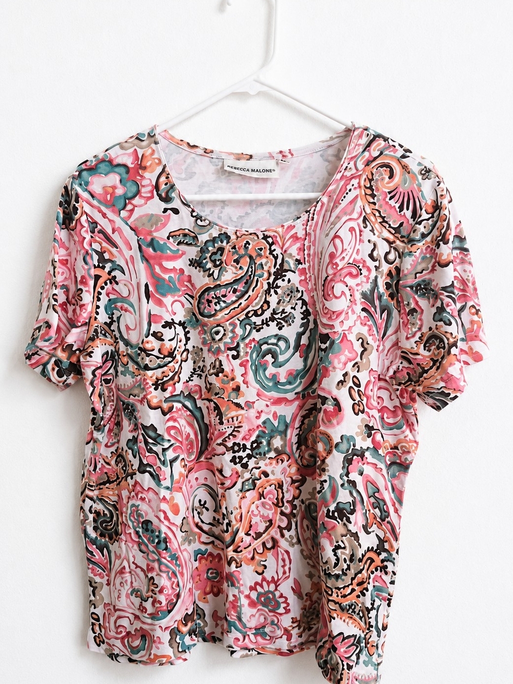 Rebecca Malone Pink Paisley Short Sleeve Tee with Teal & Coral Accents - Picture 3 of 12
